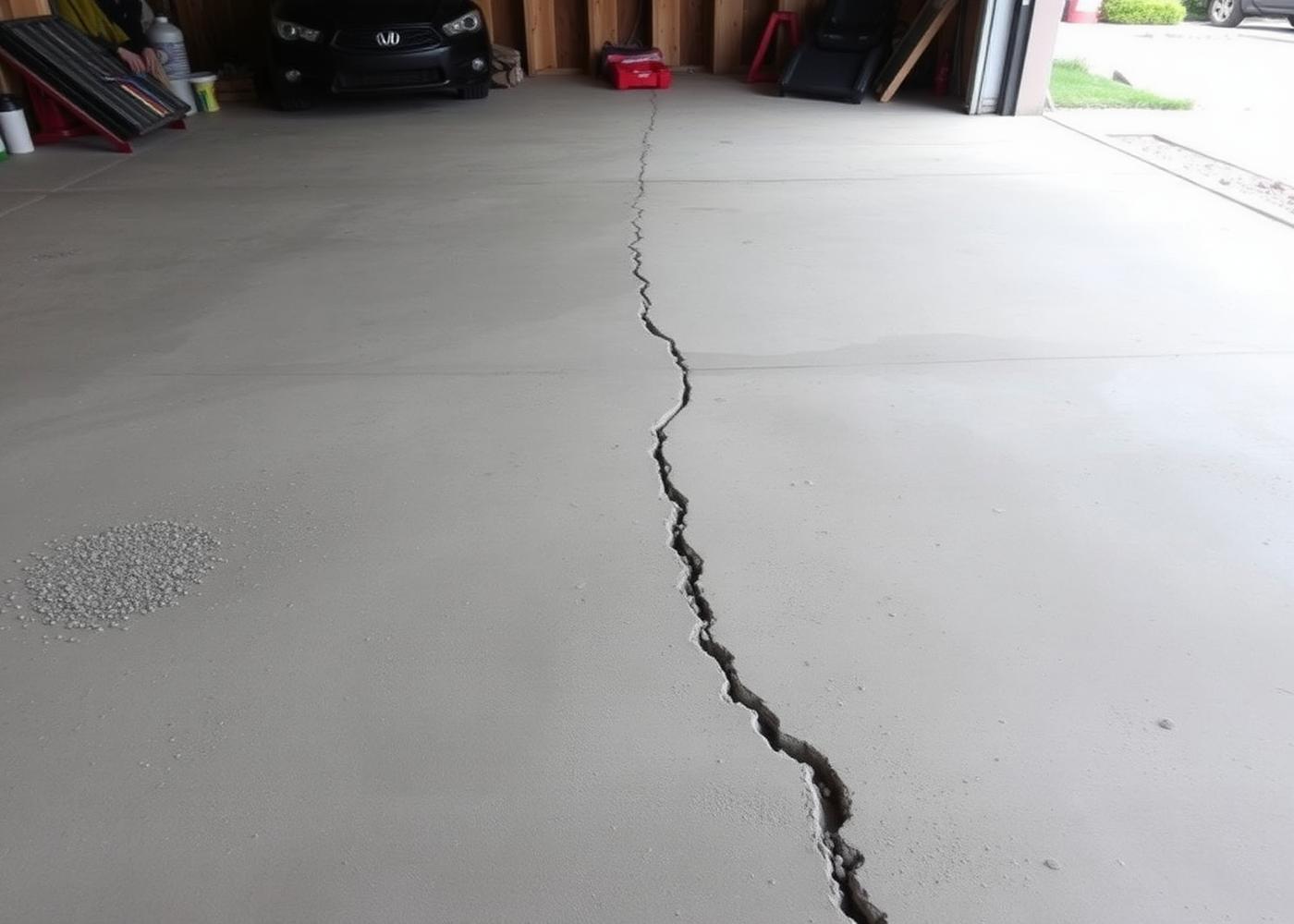 Settlement crack crossing a concrete slab floor in a Moore, Oklahoma home's garage