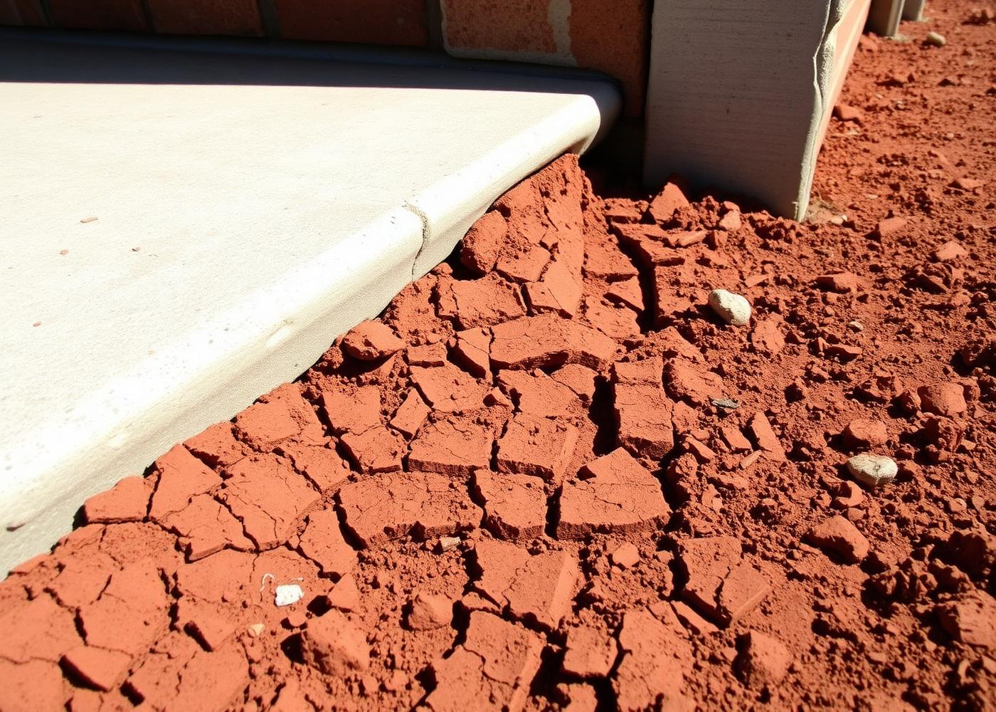 Dry, deeply cracked red clay soil pulling away from the edge of a concrete slab at an Oklahoma home