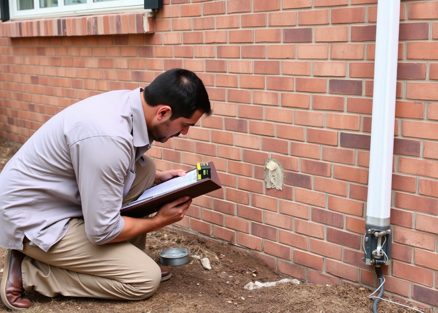 Technician recording measurements at the foundation of an Oklahoma home during a leveling assessment