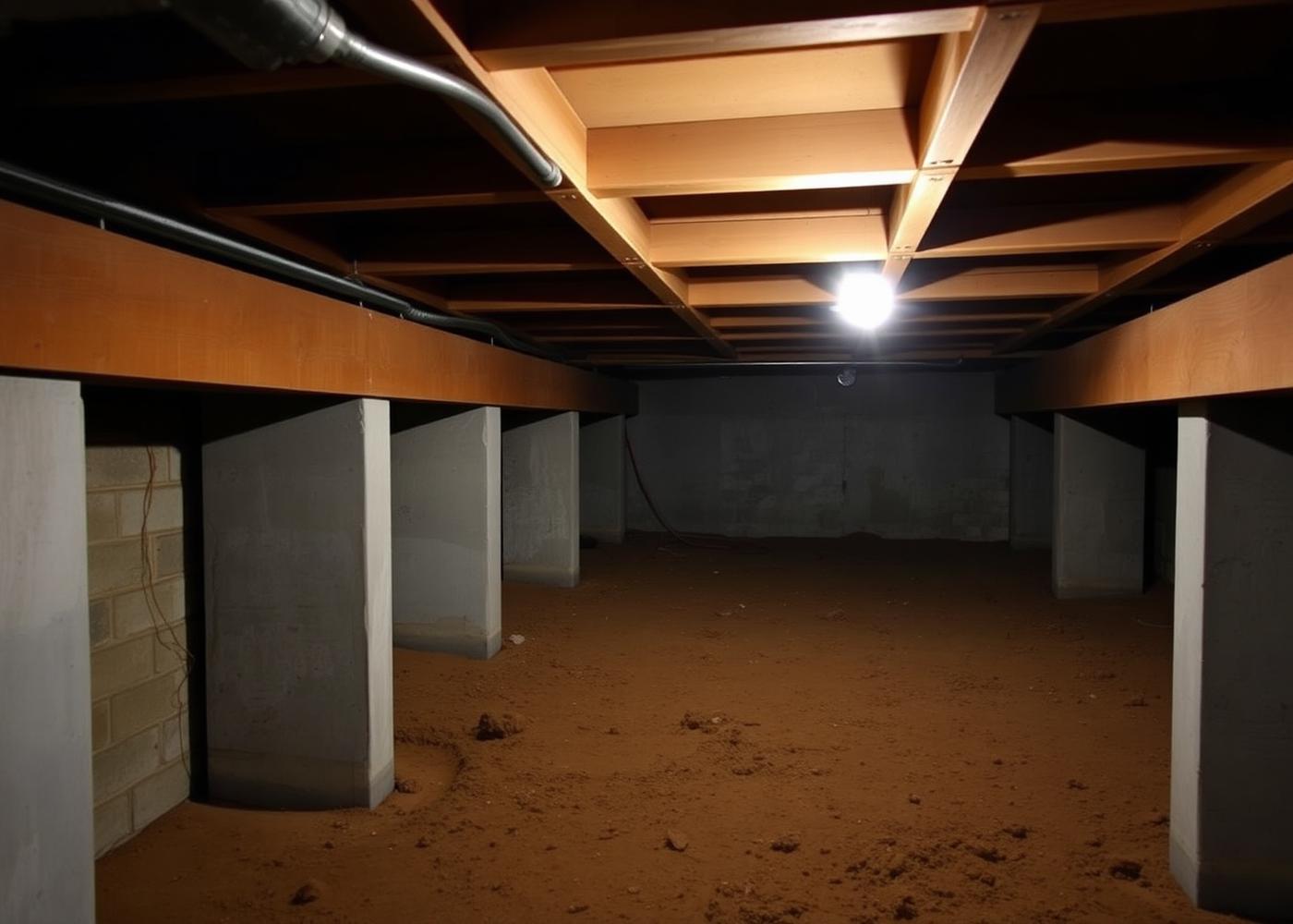 Concrete piers and wooden beams supporting floor joists inside the crawl space of an older Tulsa home