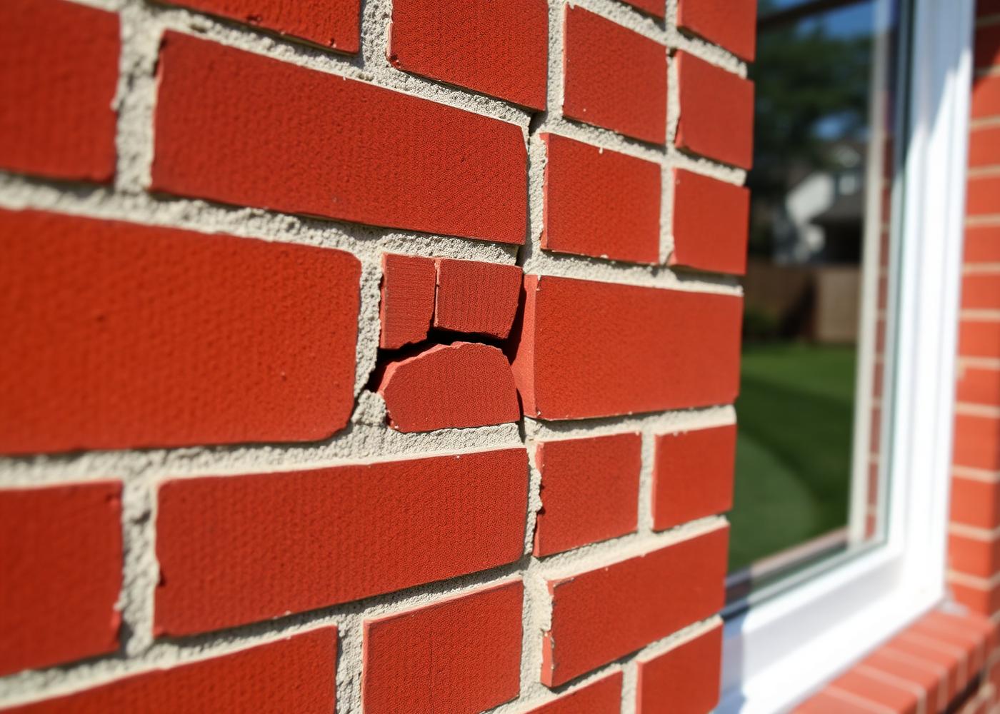 Stair-step crack following mortar joints in the brick wall of an Oklahoma house near a window